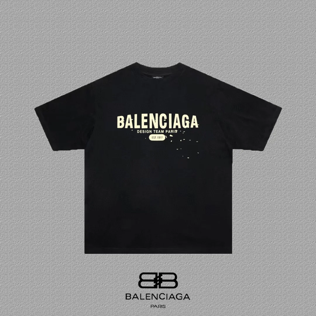 P80✨🔥 BALENCIAGA Paris lettering printed short-sleeved T-shirt, custom-woven and dyed 280g combed cotton heavyweight fabric, zero color difference in thread, perfect details, different from the current version on the market, welcome to compare, Same Style for men and women, must-sell in the picture above Color: White Black Size: 1 2 3 4